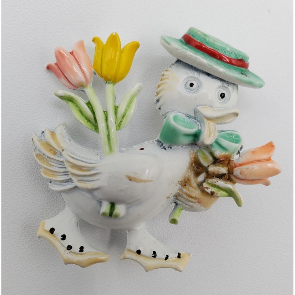 Vtg Enameled Mother Goose Duck Blue Hat & Tulips Brooch Pin